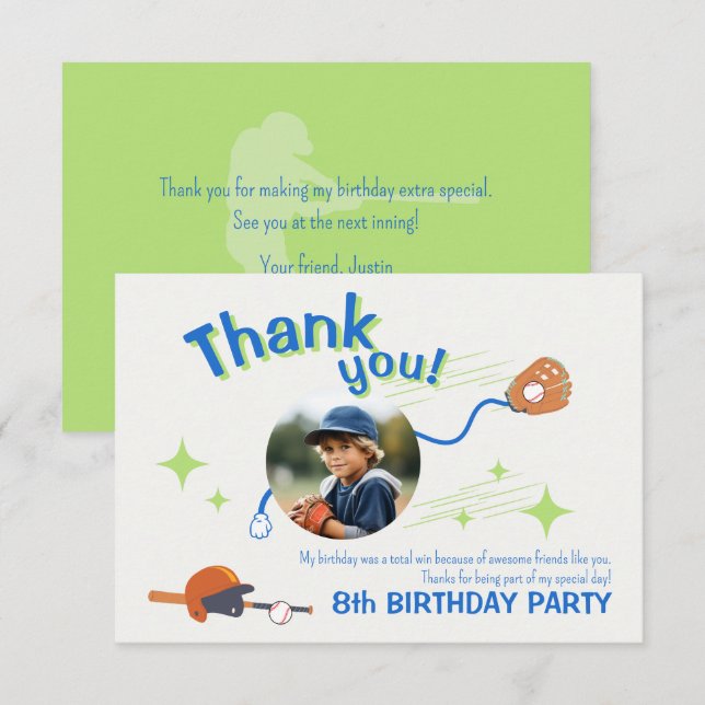 Baseball Birthday Party Photo Thank You Card (Front/Back)
