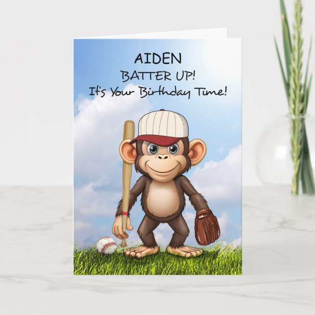 Baseball Birthday Personalise Monkey Bat Ball Card (Front)
