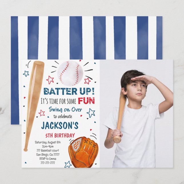 Baseball Birthday Photo Invitation (Front/Back)