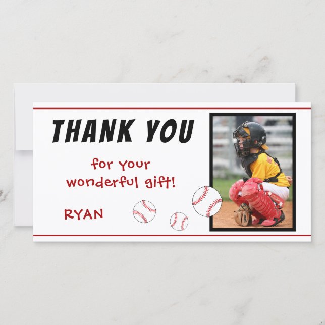 Baseball Birthday Photo Kids Thank You Card (Front)