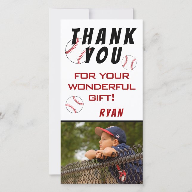 Baseball Birthday Photo Kids Thank You Card (Front)