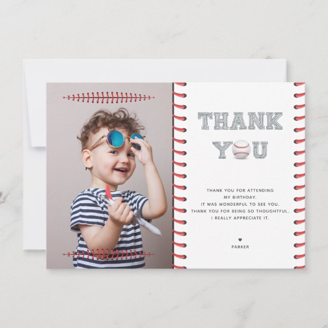 Baseball Birthday Photo Thank You Card (Front)
