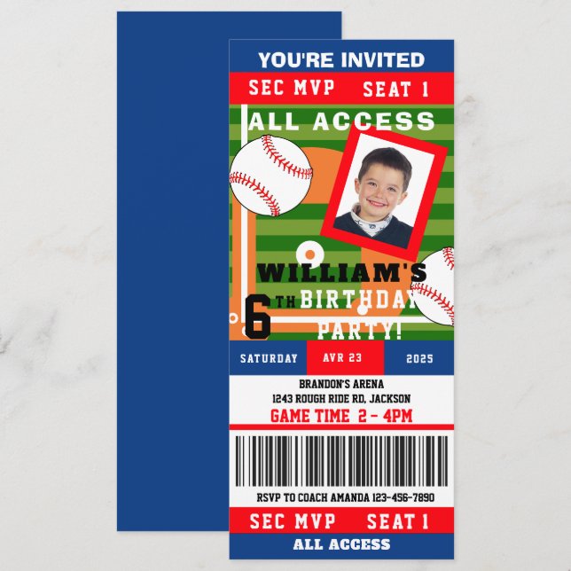 Baseball Birthday Ticket Invitation (Front/Back)