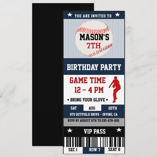 Baseball Birthday Ticket Invitation (Front/Back)
