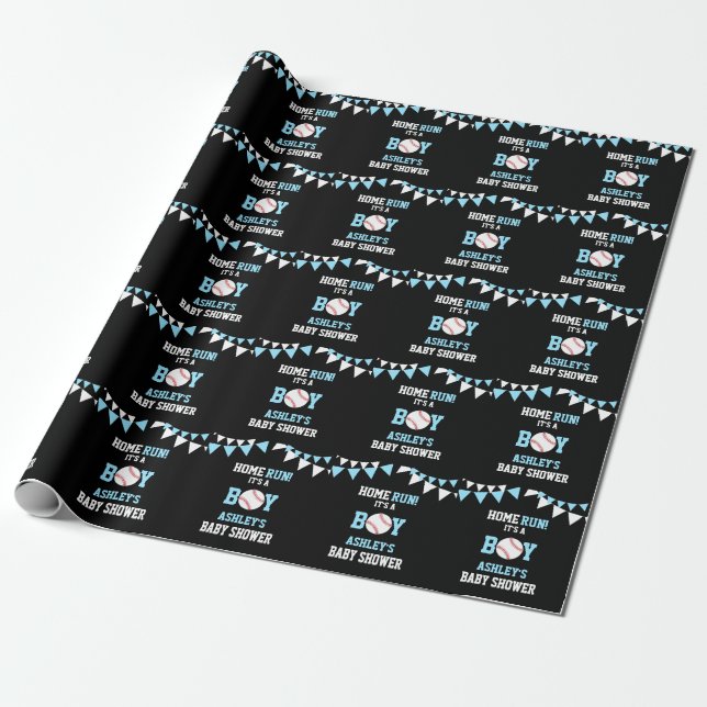Baseball Black Blue White Baby Shower HOME RUN Wrapping Paper (Unrolled)