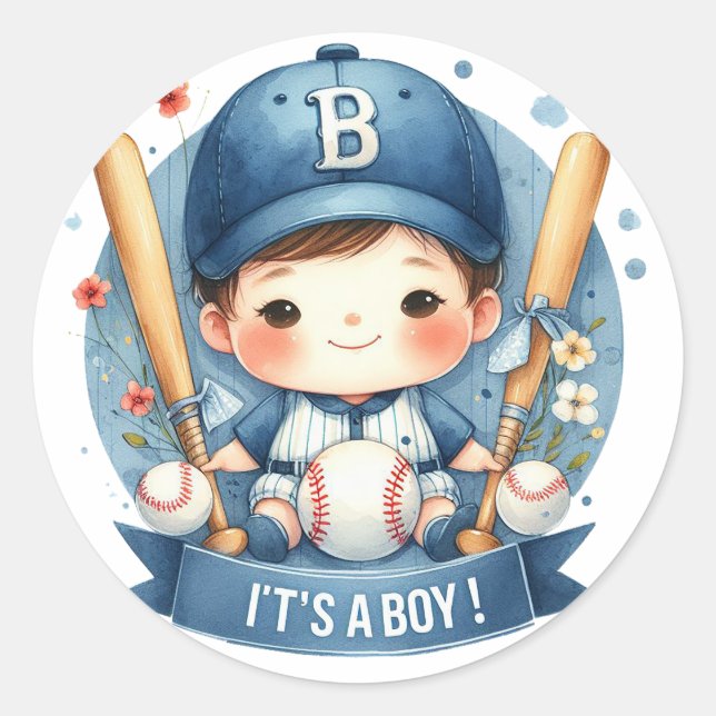 Baseball Bliss Baby Boy Announcement Baby Shower Classic Round Sticker (Front)