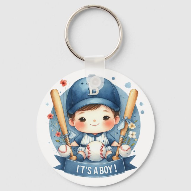 Baseball Bliss Baby Boy Announcement Baby Shower Key Ring (Front)