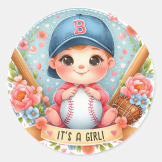 Baseball Bliss Baby Girl Announcement Floral Baby Classic Round Sticker