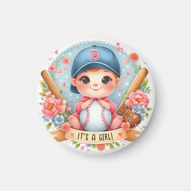 Baseball Bliss Baby Girl Announcement Floral Baby Magnet (Front)
