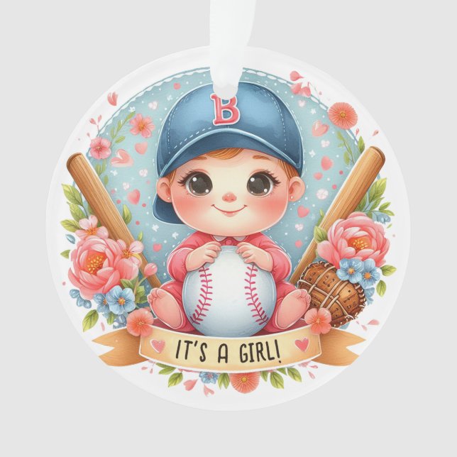 Baseball Bliss Baby Girl Announcement Floral Baby Ornament (Front)