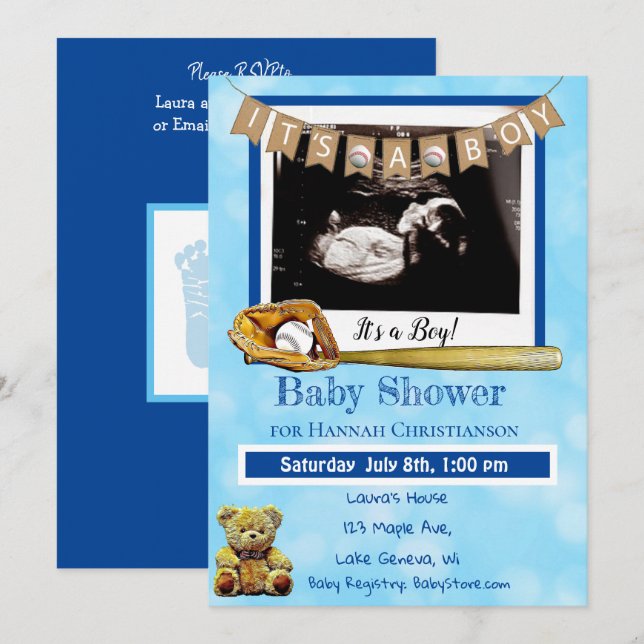 Baseball  Blue Baby Boy Ultrasound Baby Shower Invitation (Front/Back)