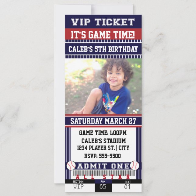 BASEBALL Blue & Maroon TICKET PHOTO Invitation (Front)