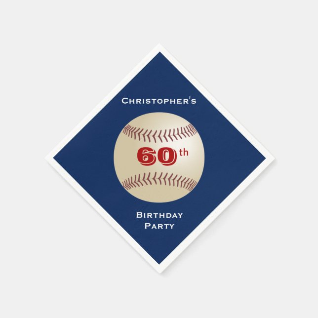 Baseball Blue Name 60th Birthday Party Paper Napkin (Corner)