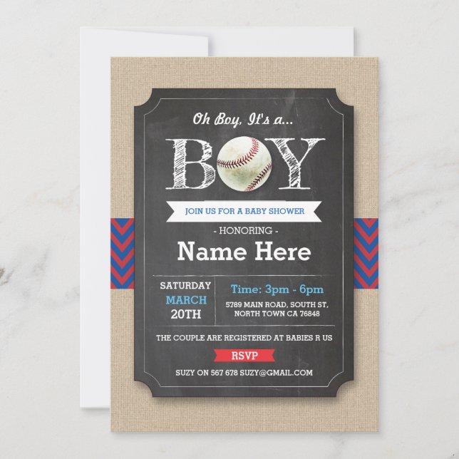 Baseball Blue Red Boy Baby Shower Sports Invite (Front)