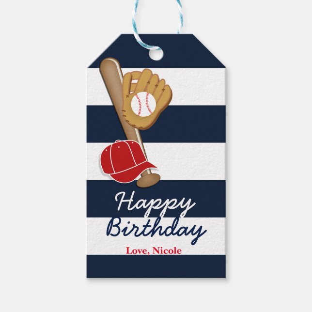 Baseball Blue Striped Birthday Party Gift Tag (Front)
