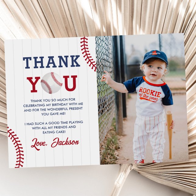 Baseball Boy Birthday Party Photo Thank You Card (Creator Uploaded)
