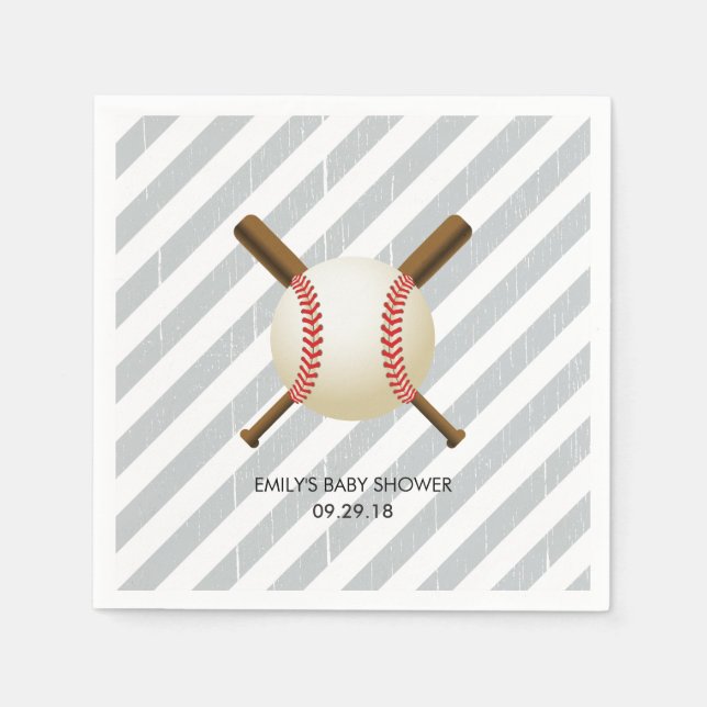 Baseball Boy Grey Stripes Baby Shower Napkin (Front)