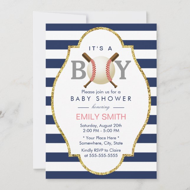 Baseball Boy Modern Navy Blue Stripes Baby Shower Invitation (Front)