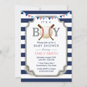 Baseball Boy Nautical Navy Stripes Baby Shower Invitation