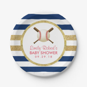 Baseball Boy Navy Blue & Gold Stripes Baby Shower Paper Plate