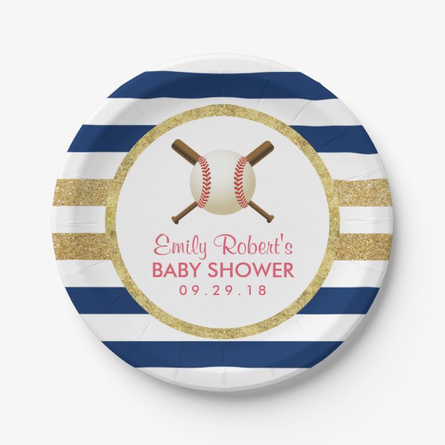 Baseball Boy Navy Blue & Gold Stripes Baby Shower Paper Plate (Front)