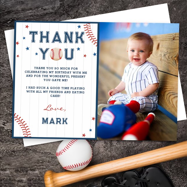 Baseball Boys Birthday Photo Thank You Card  (Creator Uploaded)