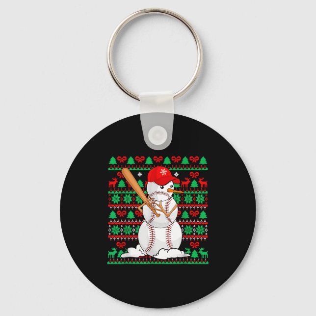 Baseball Boys Men Christmas Snowman Players Ugly X Key Ring (Front)