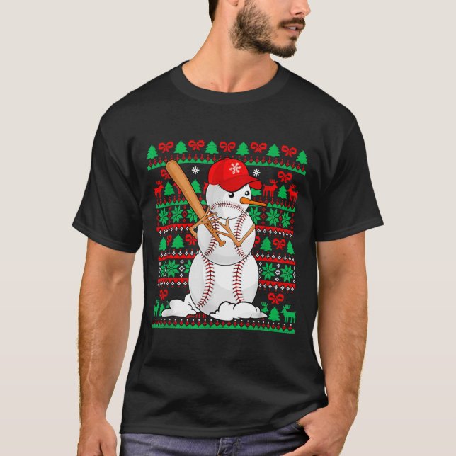 Baseball Boys Men Christmas Snowman Players Ugly X T-Shirt (Front)