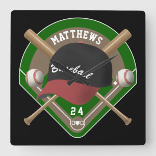 Baseball Cap Bats Diamond Personalised Name Number Square Wall Clock