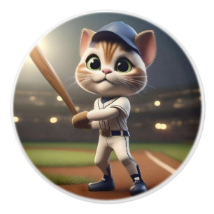 Baseball Cat Dressed Ready To Play, Ceramic Knob