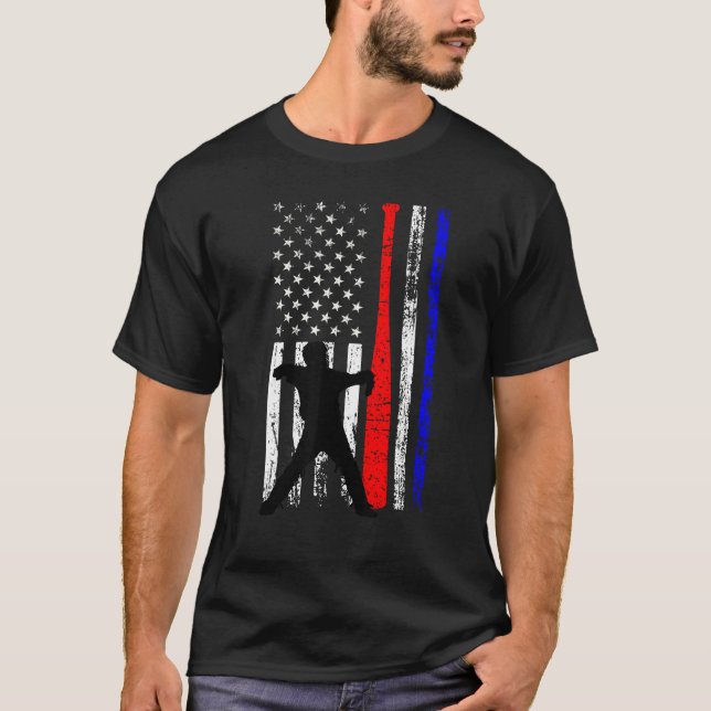 Baseball Catcher 4th of July American Flag Patriot T-Shirt (Front)