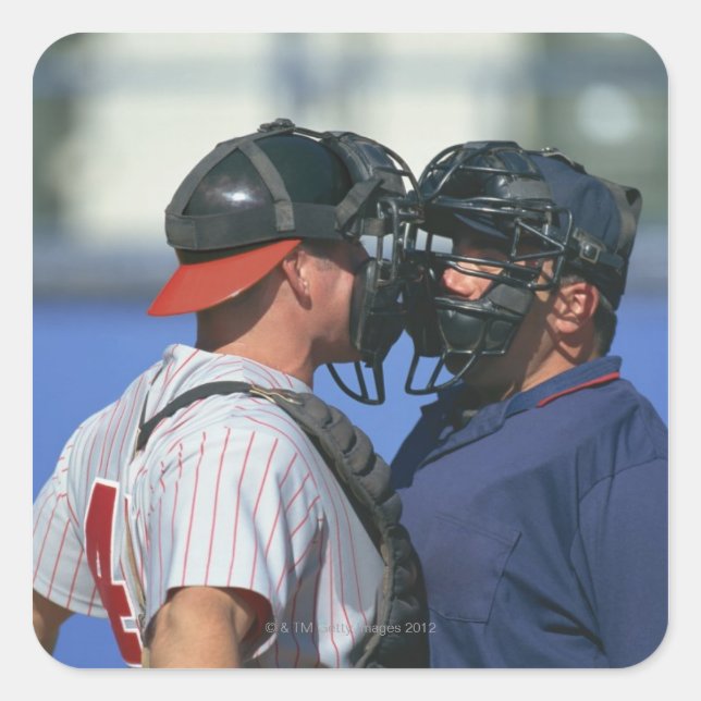 Baseball Catcher and Umpire Arguing Square Sticker (Front)
