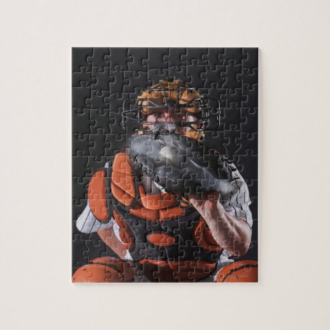 Baseball catcher holding ball in mitt jigsaw puzzle (Vertical)