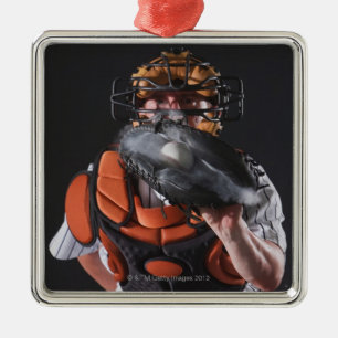 Baseball catcher holding ball in mitt metal tree decoration