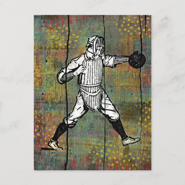 Baseball Catcher Postcard Colourful Wood (Front)