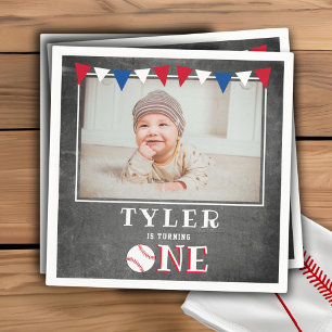 Baseball Chalkboard Flags 1st Birthday Photo Napkin