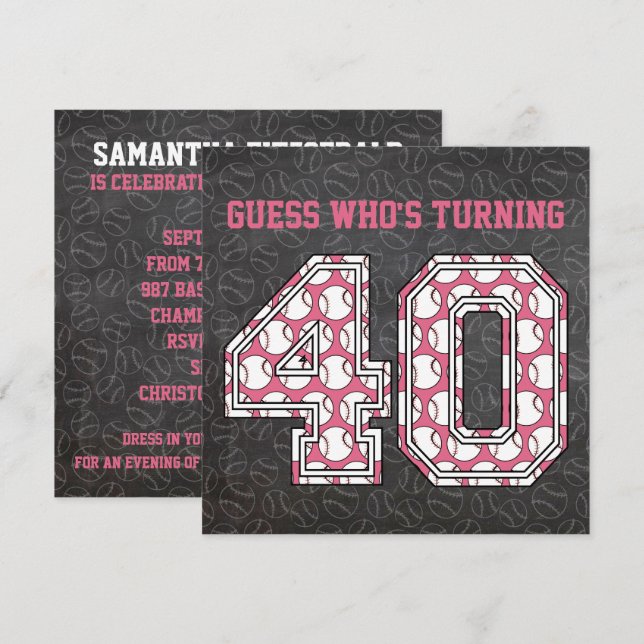 Baseball Chalkboard Pink 40th Birthday Party Invitation (Front/Back)