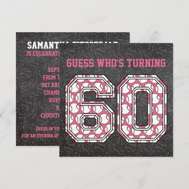 Baseball Chalkboard Pink 60th Birthday Party Invitation (Front/Back)