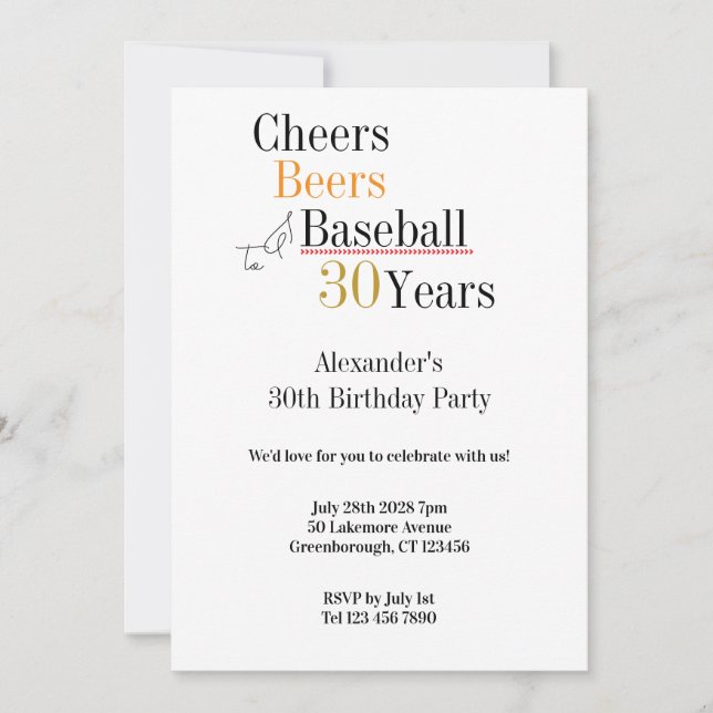 Baseball Cheers and Beers 30th Birthday Party Invitation (Front)