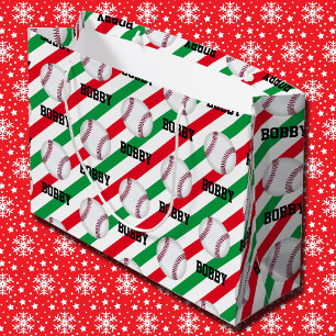  Baseball Christmas Add Name Stripe Red n Green Large Gift Bag