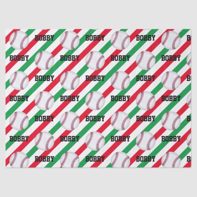  Baseball Christmas Add Name Stripe Red n Green Tissue Paper (Front)