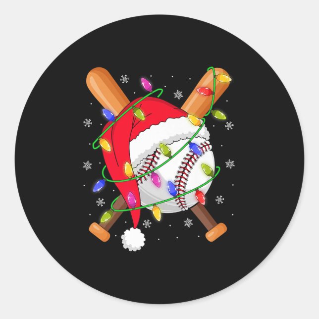 Baseball Christmas Lights Santa Hat Baseball Playe Classic Round Sticker (Front)