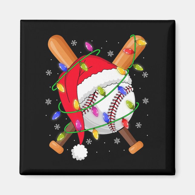 Baseball Christmas Lights Santa Hat Baseball Playe Magnet (Front)