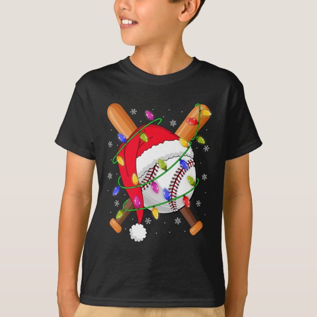 Baseball Christmas Lights Santa Hat Baseball Playe T-Shirt (Front)