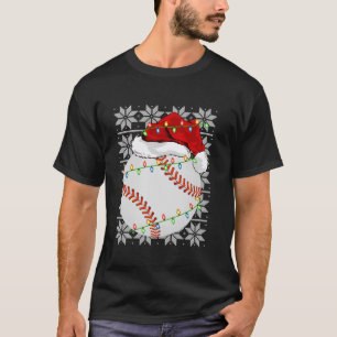 Baseball Christmas Lights Santa Hat Baseball Ugly T-Shirt