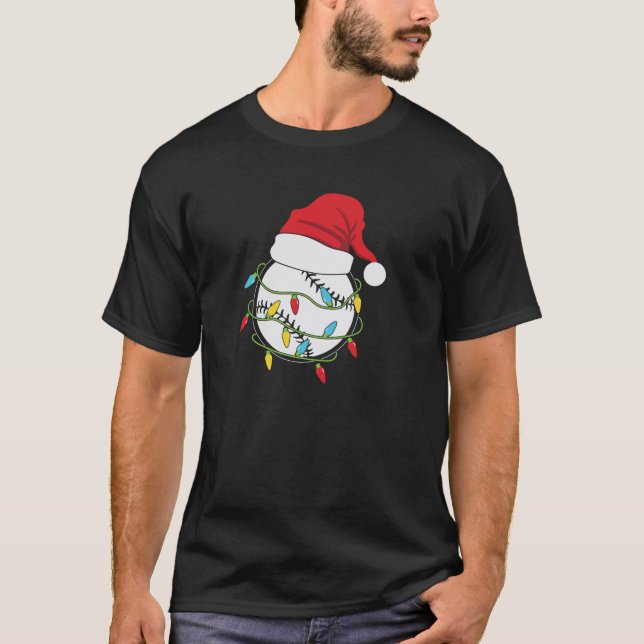 Baseball Christmas Lights Sport Xmas Santa Hat Mer T-Shirt (Front)