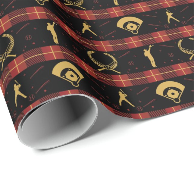 Baseball Christmas - Red Check Pattern Wrapping Paper (Roll Corner)