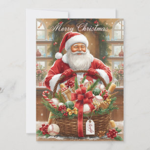 Baseball Christmas  Santa Claus and gift basket Holiday Card