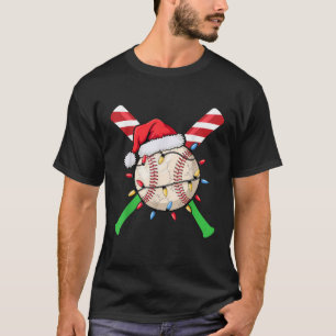 Baseball Christmas Santa Hat Candy Cane Bat Lights T-Shirt