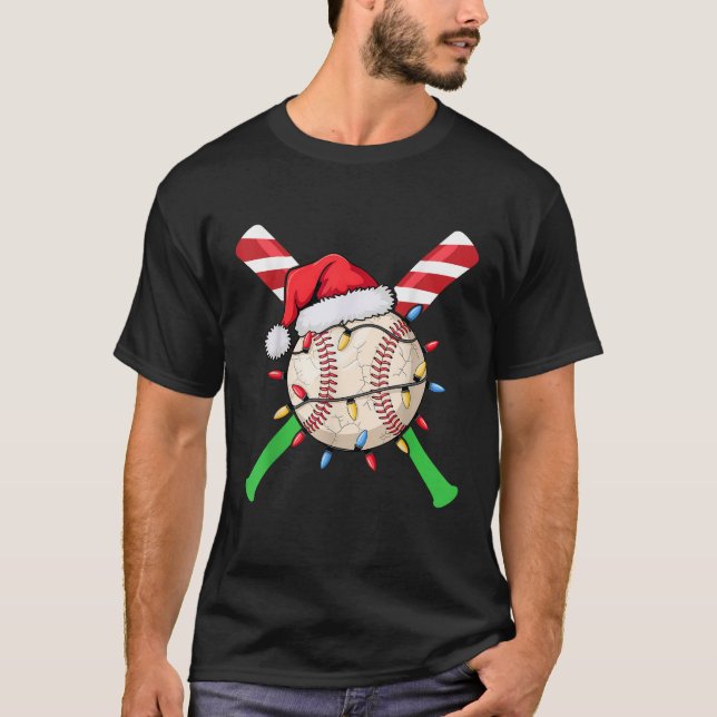 Baseball Christmas Santa Hat Candy Cane Bat Lights T-Shirt (Front)